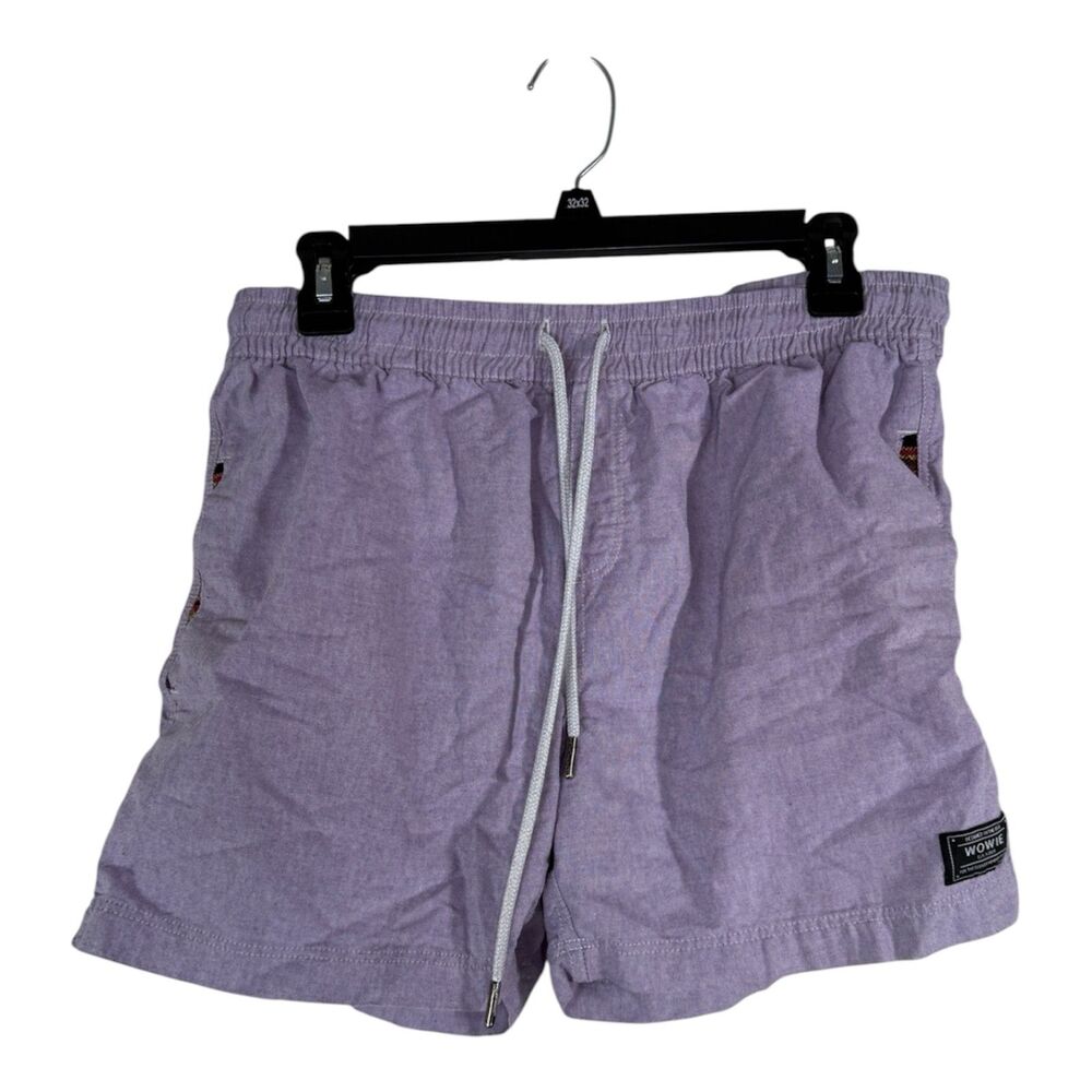 WOWIE Mens Casual Purple Shorts Sz M Drawstring Pull On Aztec Trim Breathable